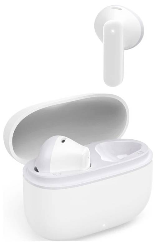 White wireless earbuds and open charging case on a white background, with one earbud floating above the case.