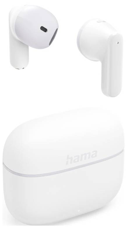 White wireless earbuds with charging case, shown in front and side views on a plain background.