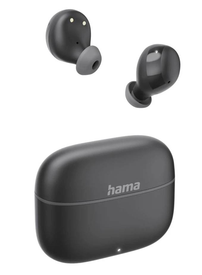 Écouteurs sans fil Black Hama avec étui de charge, présentés ouverts au-dessus d'un étui compact avec indicateur LED.