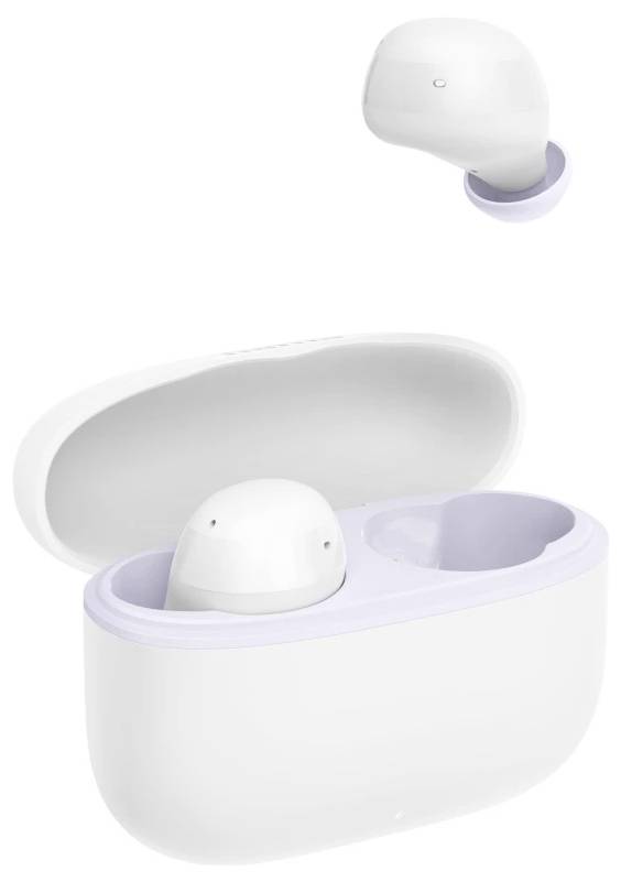 White wireless earbuds in an open charging case with one earbud shown floating above, product-style image on a plain white background.