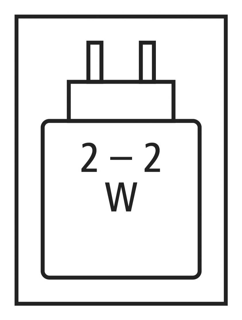 Icône en noir et blanc d'une fiche électrique 2-2W ou d'un adaptateur d'alimentation à l'intérieur d'un cadre carré.