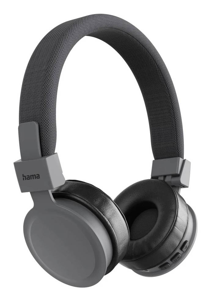 Casque audio Hama gris et noir supra-auriculaire avec coussinets auriculaires rembourrés et serre-tête ajustable sur fond blanc.