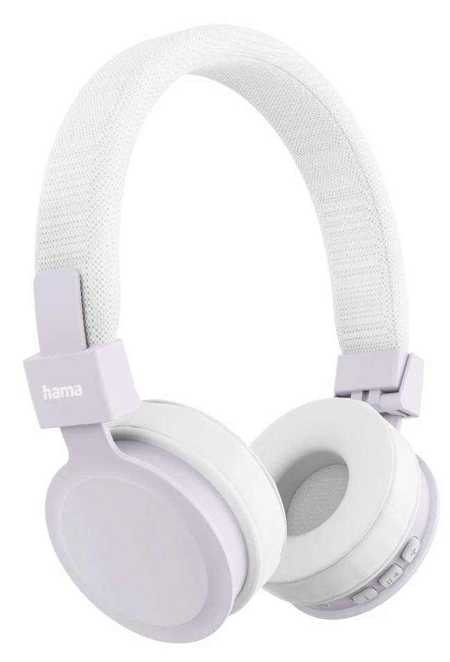 Casque audio sans fil supra-auriculaire blanc et lavande avec serre-tête rembourré et écoutilles rembourrées, présenté sur un fond blanc uni.