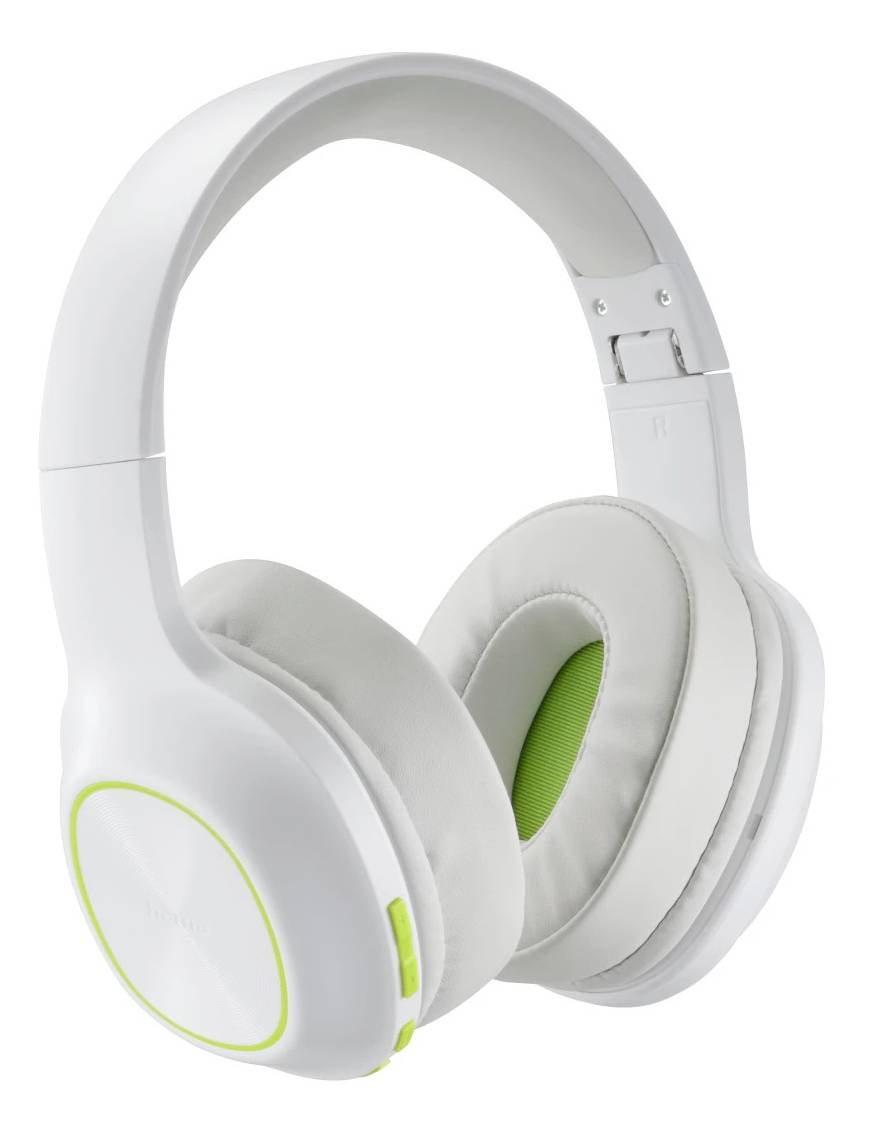 Casque audio sans fil blanc supra-auriculaire avec des accents vert citron sur un fond blanc.