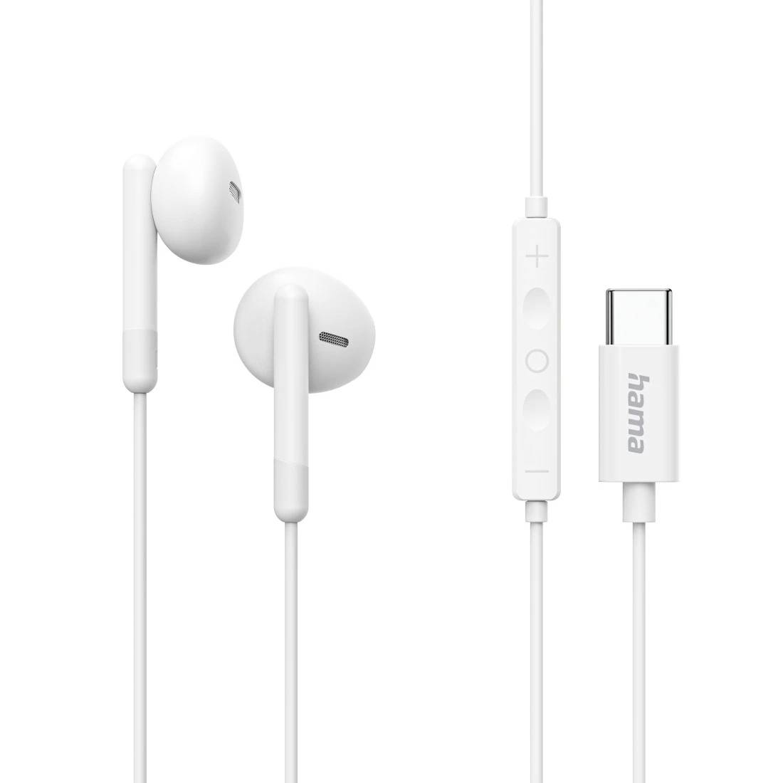 Weiße kabelgebundene In-Ear-Kopfhörer mit Inline-Fernbedienung für die Lautstärke und USB-C-Anschluss auf einfachem Hintergrund.