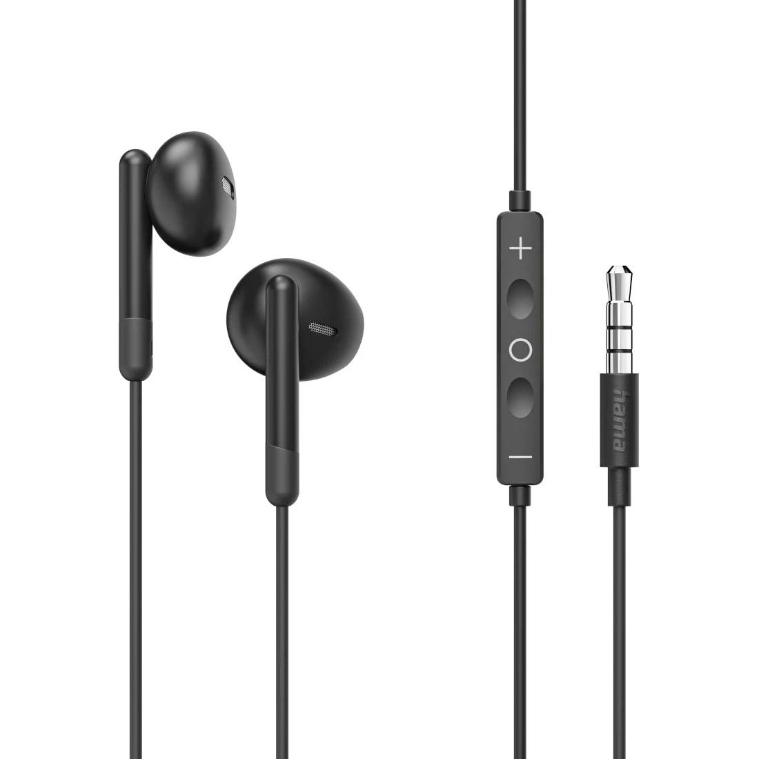 Écouteurs filaires noirs avec un microphone intégré et des commandes de volume, présentés à côté d'une prise audio 3,5 mm.