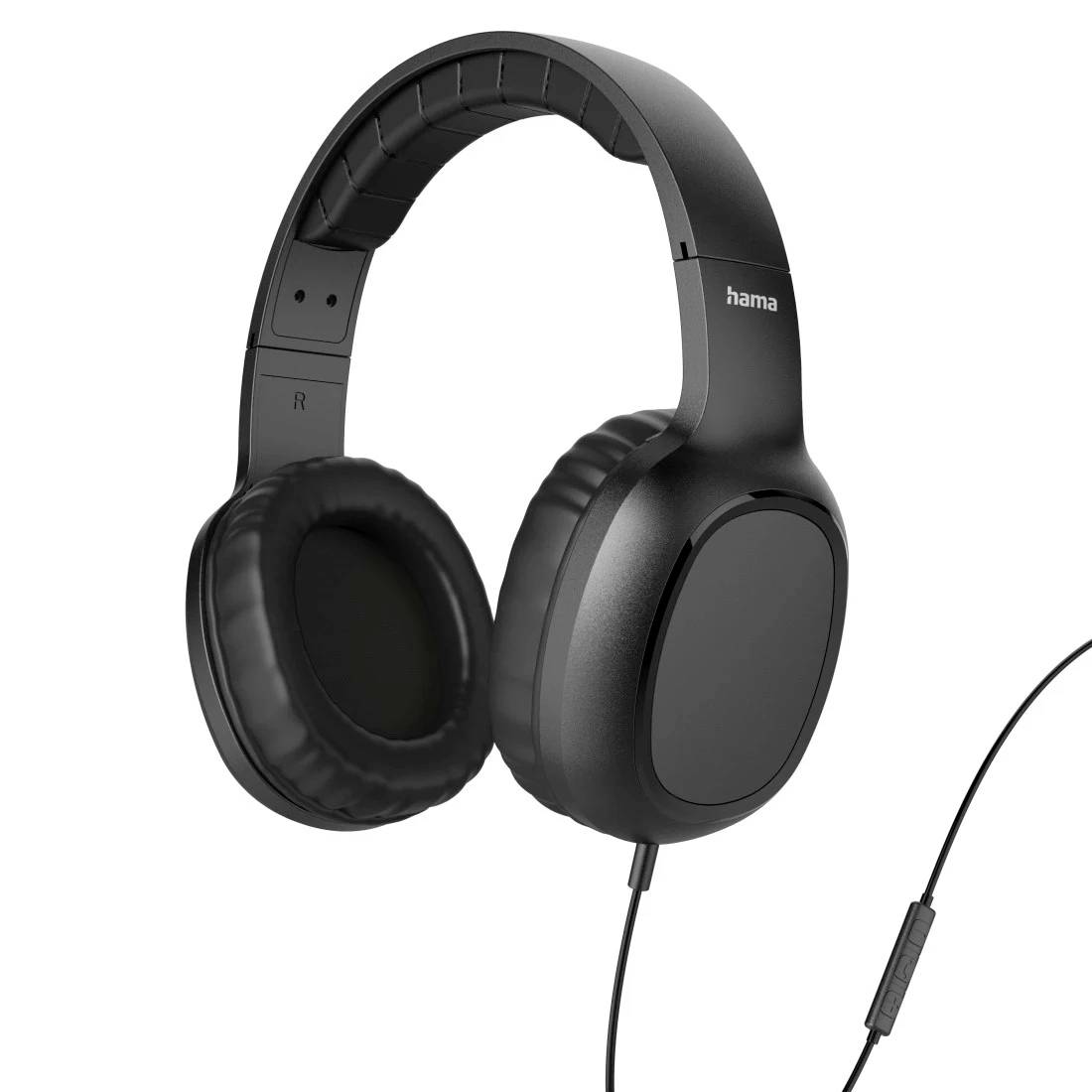 Casque audio filaire noir supra-auriculaire avec coussinets auriculaires rembourrés et logo « hama » sur le serre-tête, présenté sur fond blanc.