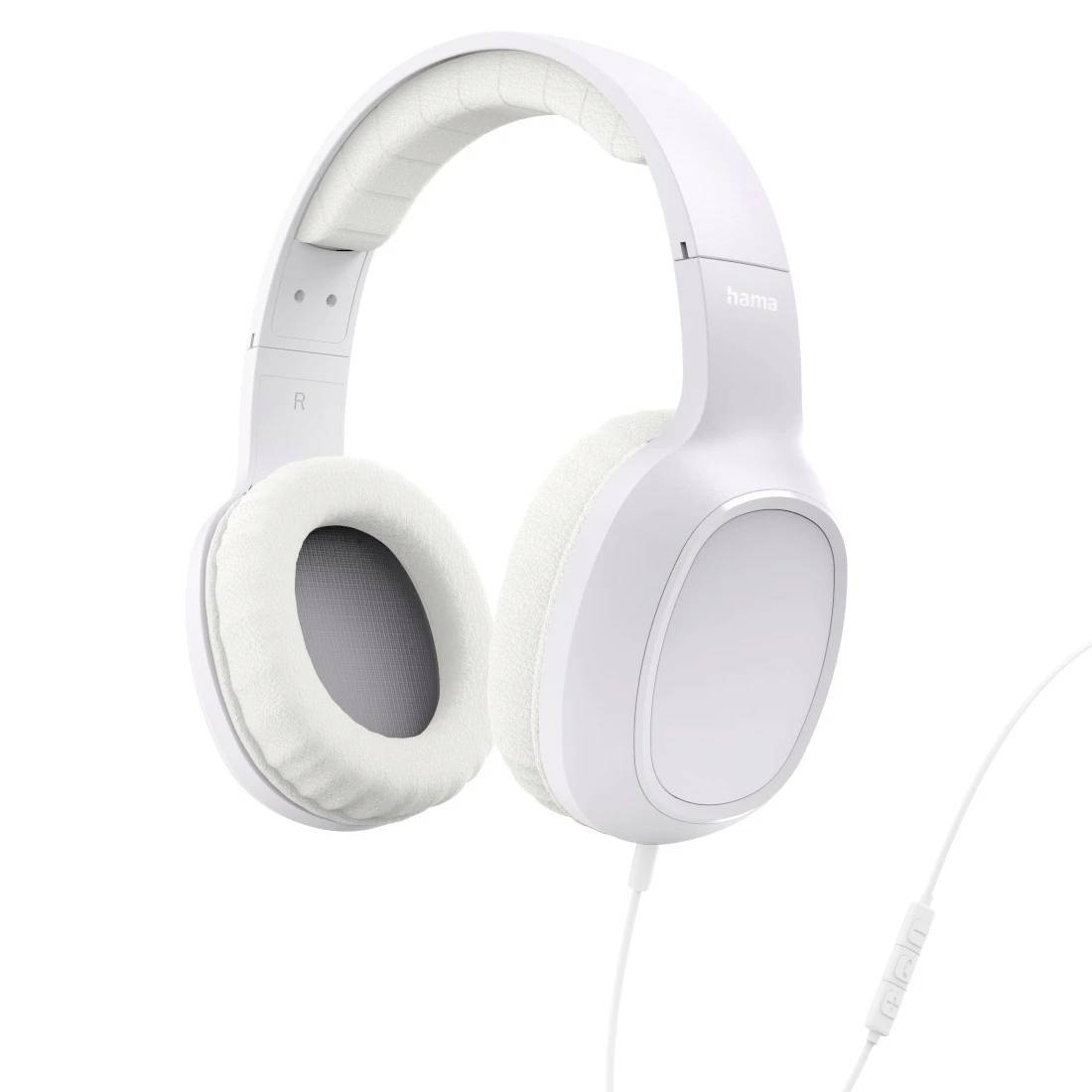 Weiße Over-Ear-Kopfhörer mit Kabel, gepolsterten Ohrmuscheln und verstellbarem Kopfbügel, vor neutralem Hintergrund dargestellt.
