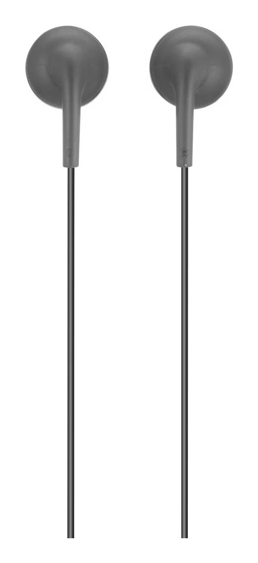 Pair of black wired earbuds shown side by side on a white background.