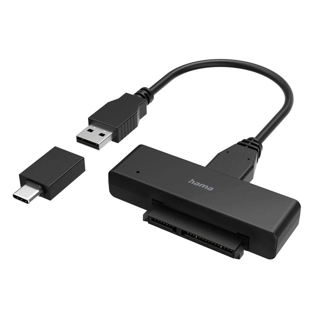 Câble adaptateur USB 3.0 avec une fiche USB-A et une fiche USB-C détachable, connecté à une interface de lecteur SATA noir.