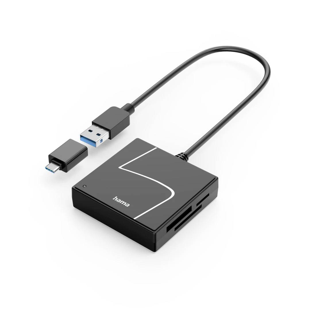 Lecteur de cartes USB-C et USB-A avec câble court, présenté en noir avec le logo « hama ».