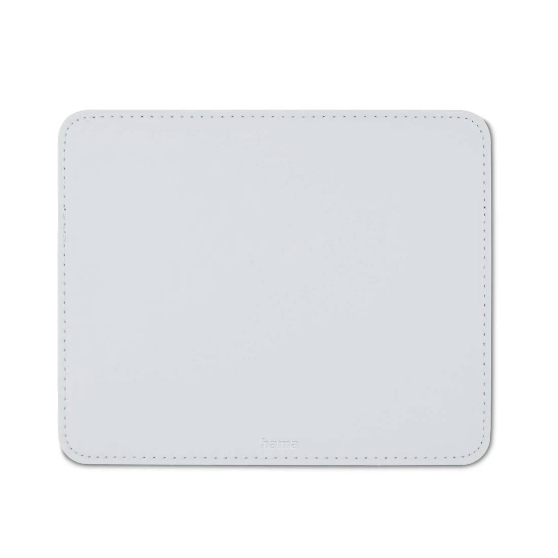 Tapis de souris rectangulaire gris clair avec coins arrondis et bordure piquée sur un fond blanc.