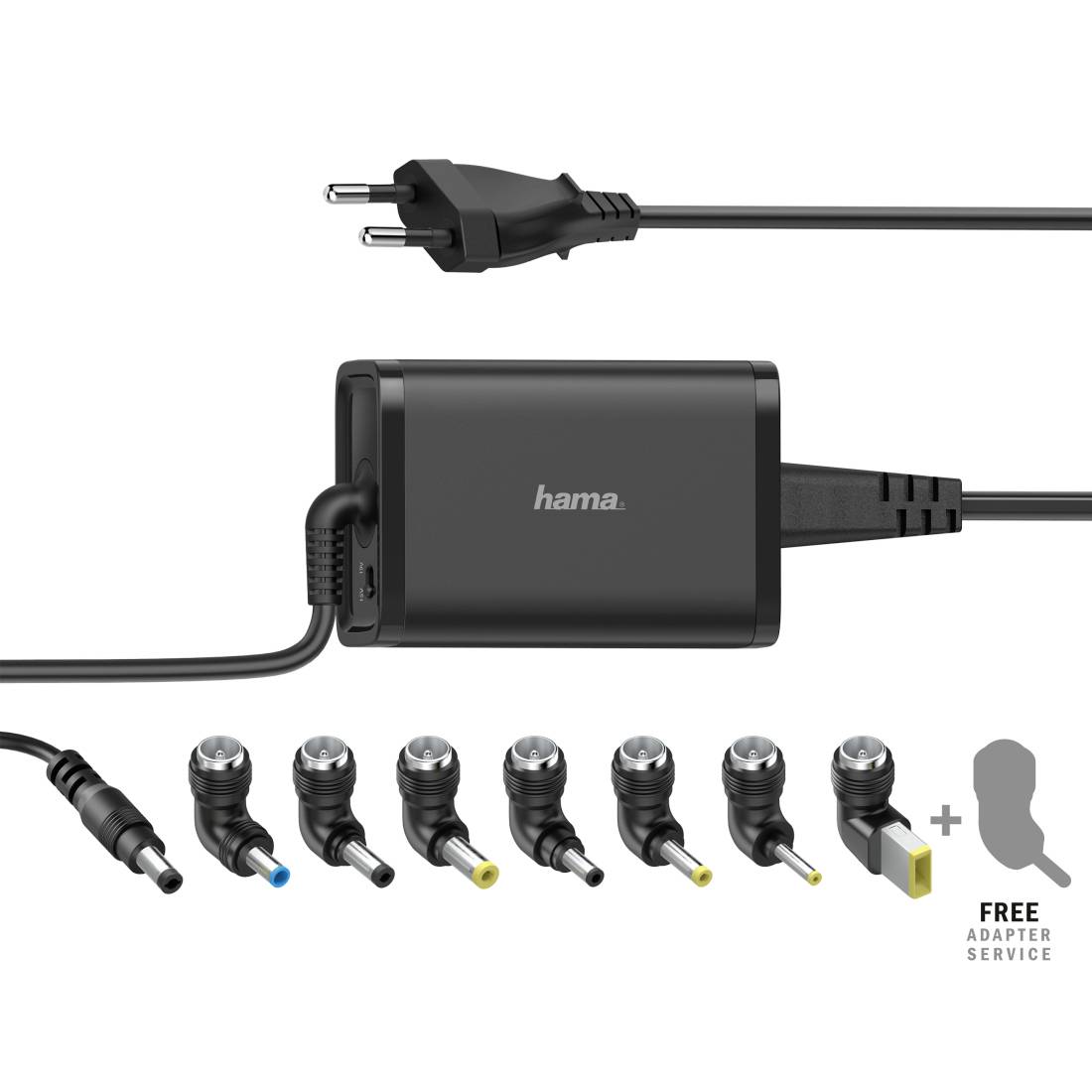 Hama Stromadapter mit mehreren austauschbaren Steckeradaptern und einem kostenlosen Adapter-Service-Symbol.