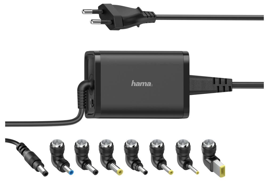 Hama-Netzteil mit austauschbaren Steckern und mehreren runden Anschlussaufsätzen, zeigt Stromstecker, Stromblock und Ausgangskabel zum Laden von Geräten.