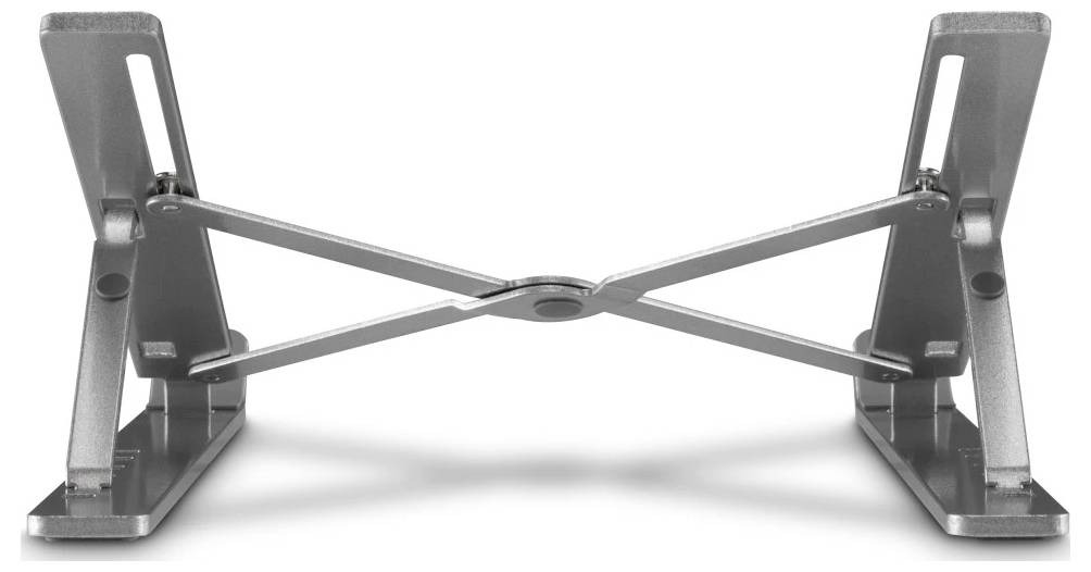 Support d'ordinateur portable en métal de style ciseaux avec bras croisés ajustables, montré ouvert sur un fond blanc.