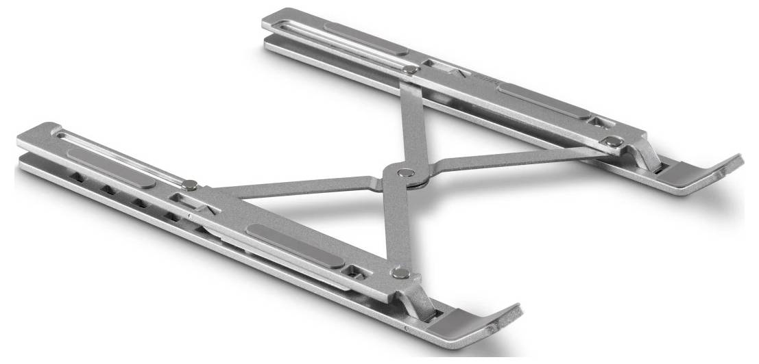 Support de type ciseaux ajustable en métal avec deux rails de glissement parallèles et bras repliés sur fond blanc.