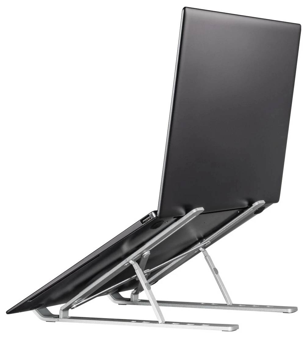 Schwarzer verstellbarer Laptopständer mit einem aufrecht geneigten Laptop auf weißem Hintergrund.