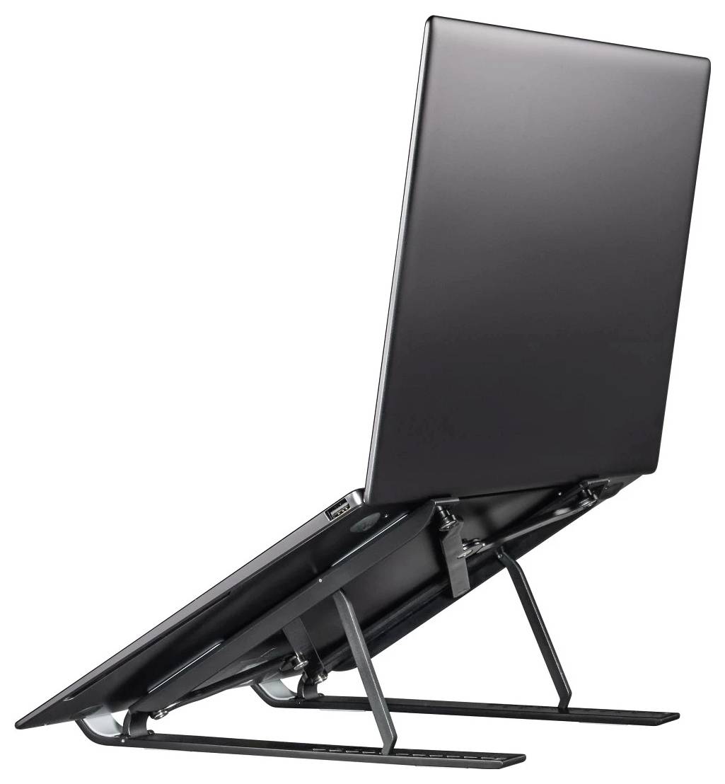 Geschlossener Laptop auf einem erhöhten Ständer, der einen verstellbaren ergonomischen Betrachtungswinkel auf weißem Hintergrund zeigt.