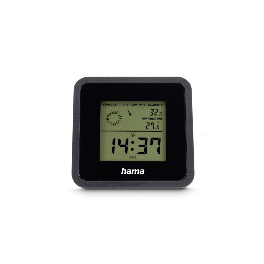 Station météorologique numérique Hama noire affichant une prévision ensoleillée, une humidité de 32%, une température de 27,6°C et l'heure 14:37.