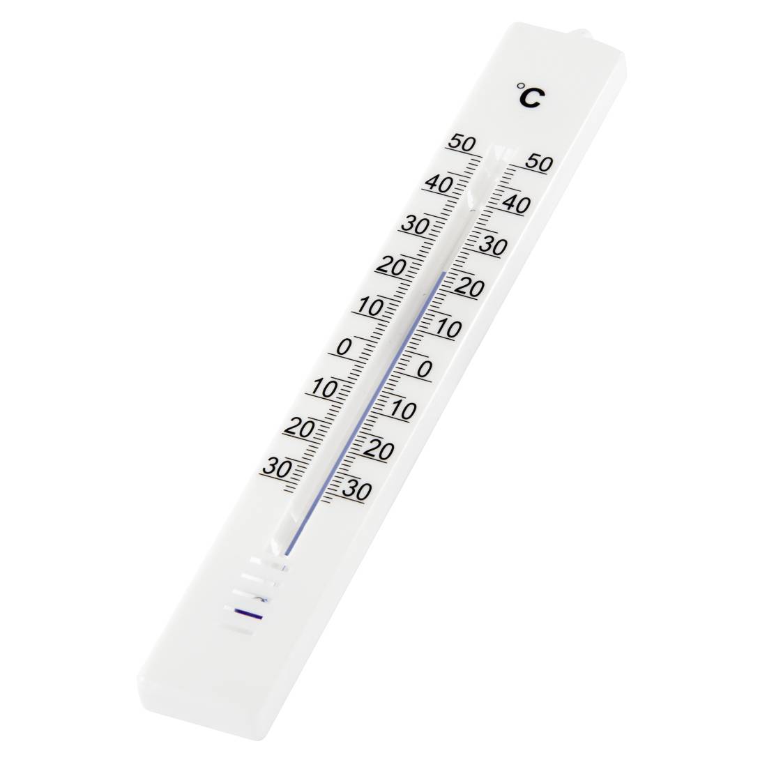 Thermomètre analogique blanc marqué en °C, placé en diagonale sur un fond uni.