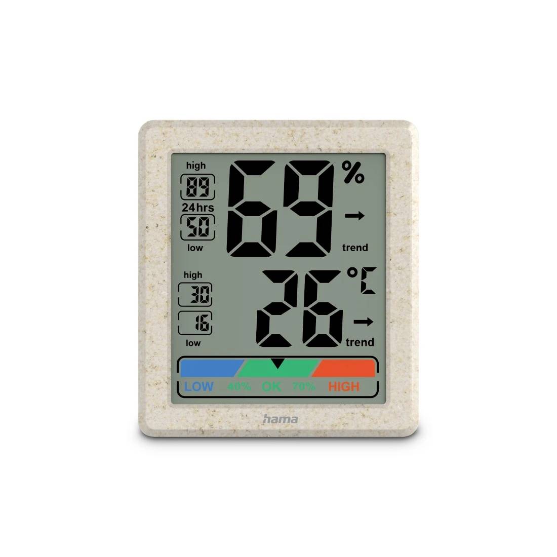 Affichage numérique hygromètre/thermomètre montrant 69% d'humidité et 26°C, avec historique des valeurs basses/hautes et échelle de confort allant de BAS à HAUT.