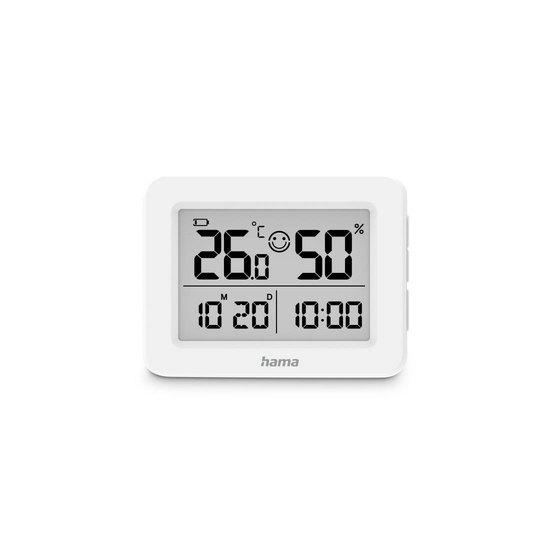 Thermomètre-hygromètre numérique affichant 26,0°C, 50% d'humidité et 10:00, avec la date 10/20 et un indicateur de confort souriant.