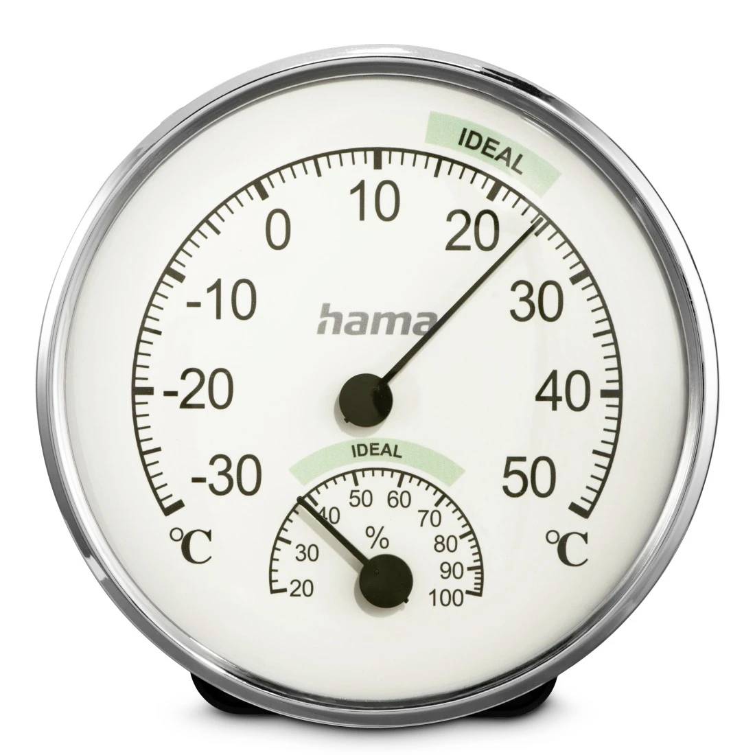 Thermomètre et hygromètre analogiques affichant environ 23°C et 30% d'humidité, tous deux dans la plage idéale.