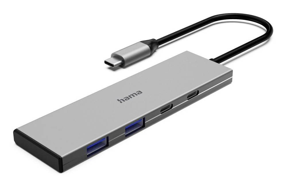 Concentrateur USB-C avec trois ports USB-A et un câble USB-C connecté, présenté sur un fond blanc.