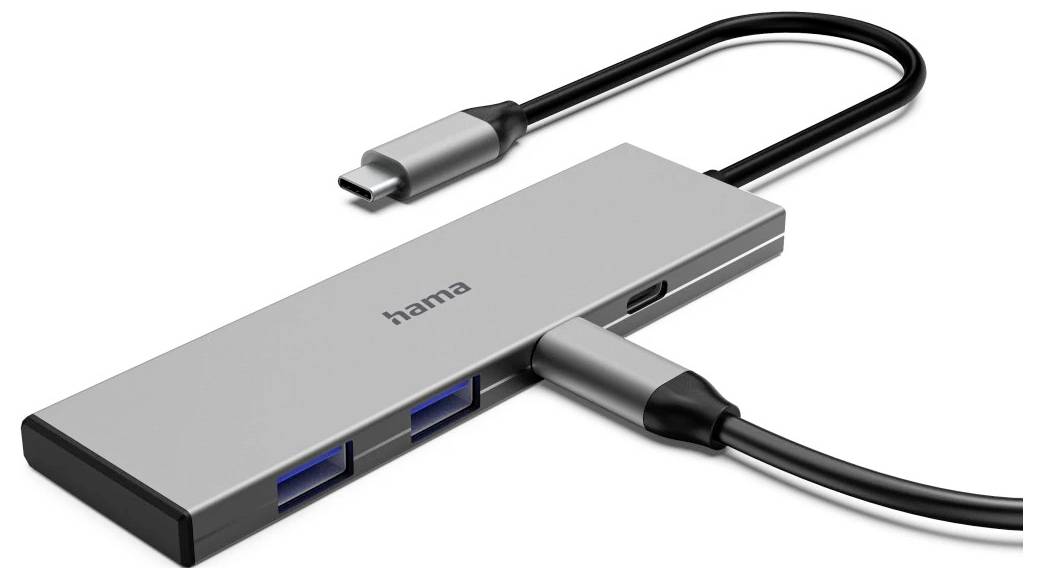 Silver USB-C hub with an attached cable, two USB-A ports, and a USB-C port for connecting multiple devices
