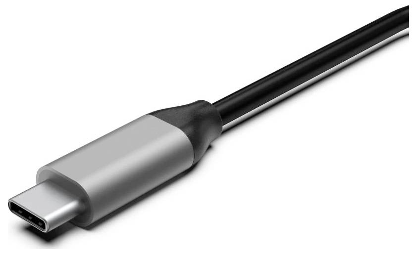 Gros plan d'un connecteur de câble USB-C avec une pointe en métal argenté et un câble noir sur fond blanc.