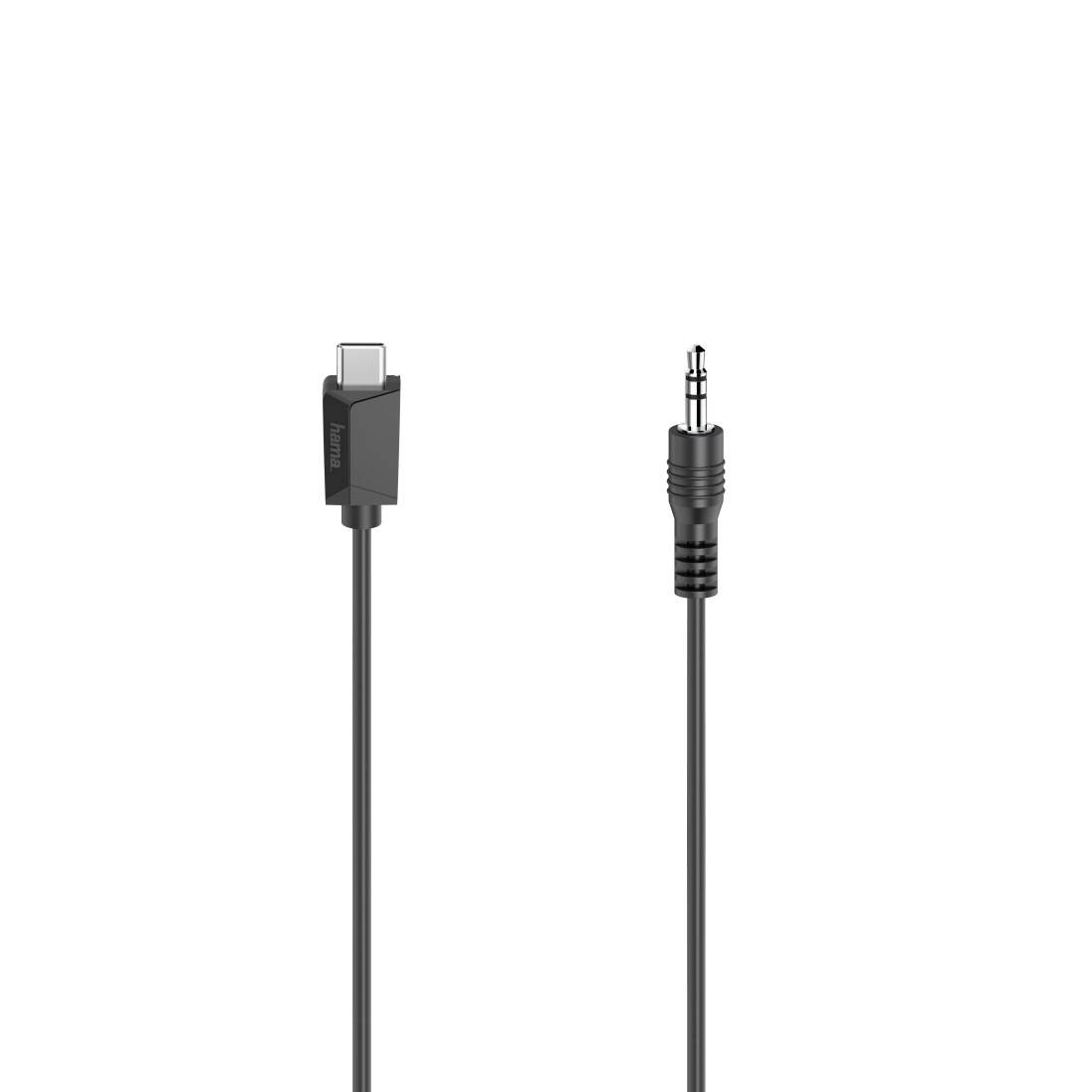 Câble audio noir avec un connecteur USB-C à une extrémité et une prise jack 3,5 mm à l'autre extrémité, présenté sur un fond blanc.