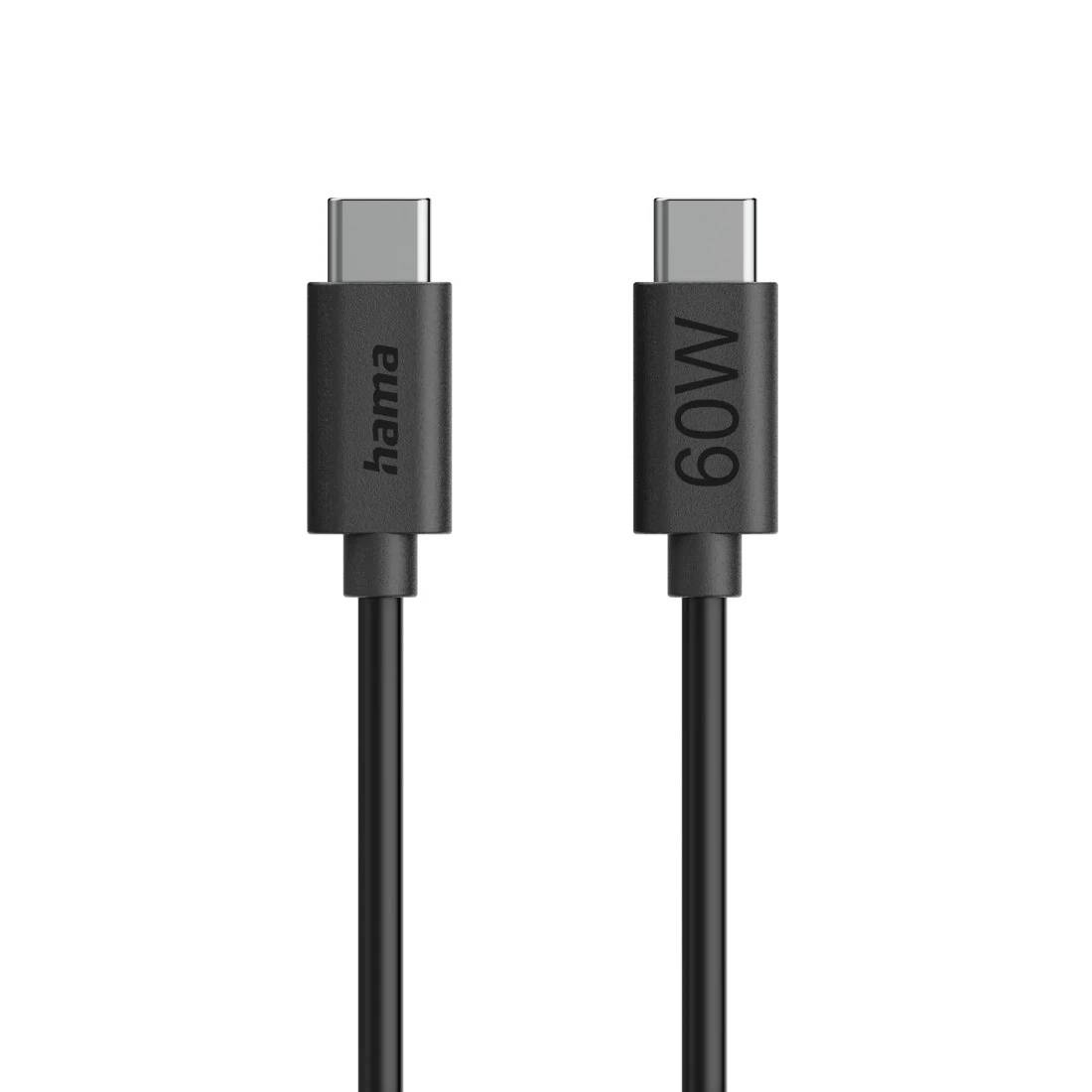 Deux câbles USB-C noirs présentés verticalement, portant les étiquettes « hama » et « 60W » sur les connecteurs.