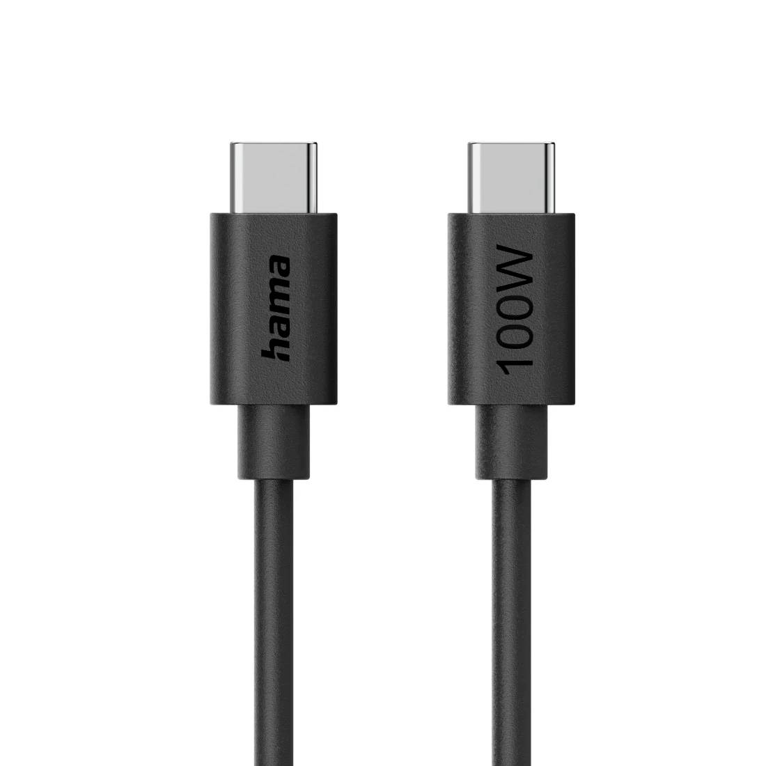 Câble USB-C noir montré en gros plan, avec un connecteur étiqueté « hama » et l'autre « 100W ».
