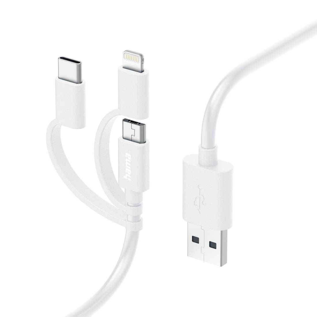 Câble de charge blanc 3-en-1 avec connecteurs USB-A, USB-C et Lightning sur un fond blanc uni.