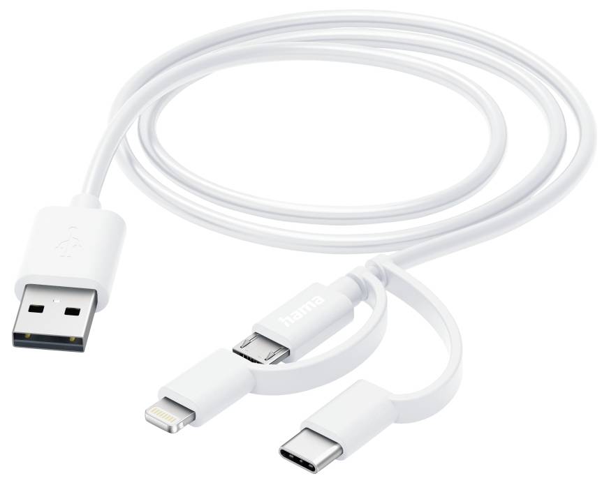 Câble de recharge multi-connecteur blanc avec USB-A et deux connecteurs téléphoniques interchangeables, montré enroulé sur un fond blanc.