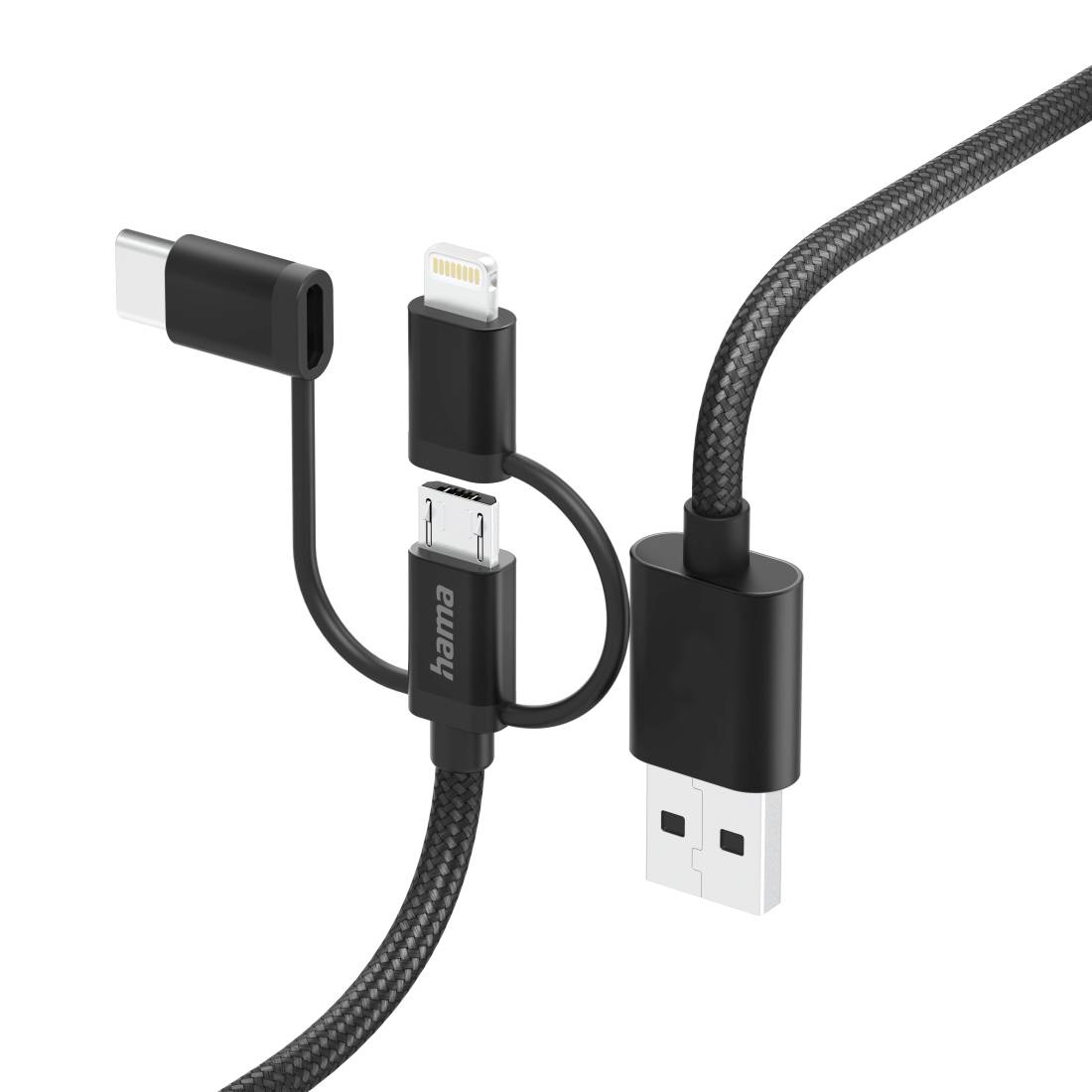 Multi-connector USB charging cable with USB-C, Lightning, and Micro-USB ends on a braided black cord.