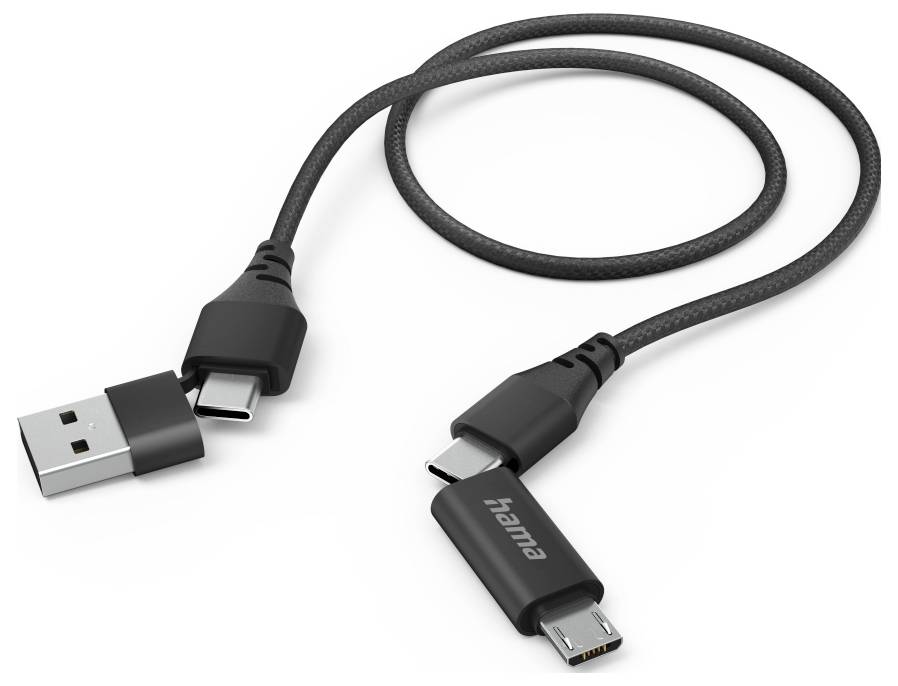 Câble de charge USB noir avec prise USB-A d'un côté et connecteurs Micro-USB et USB-C de l'autre.