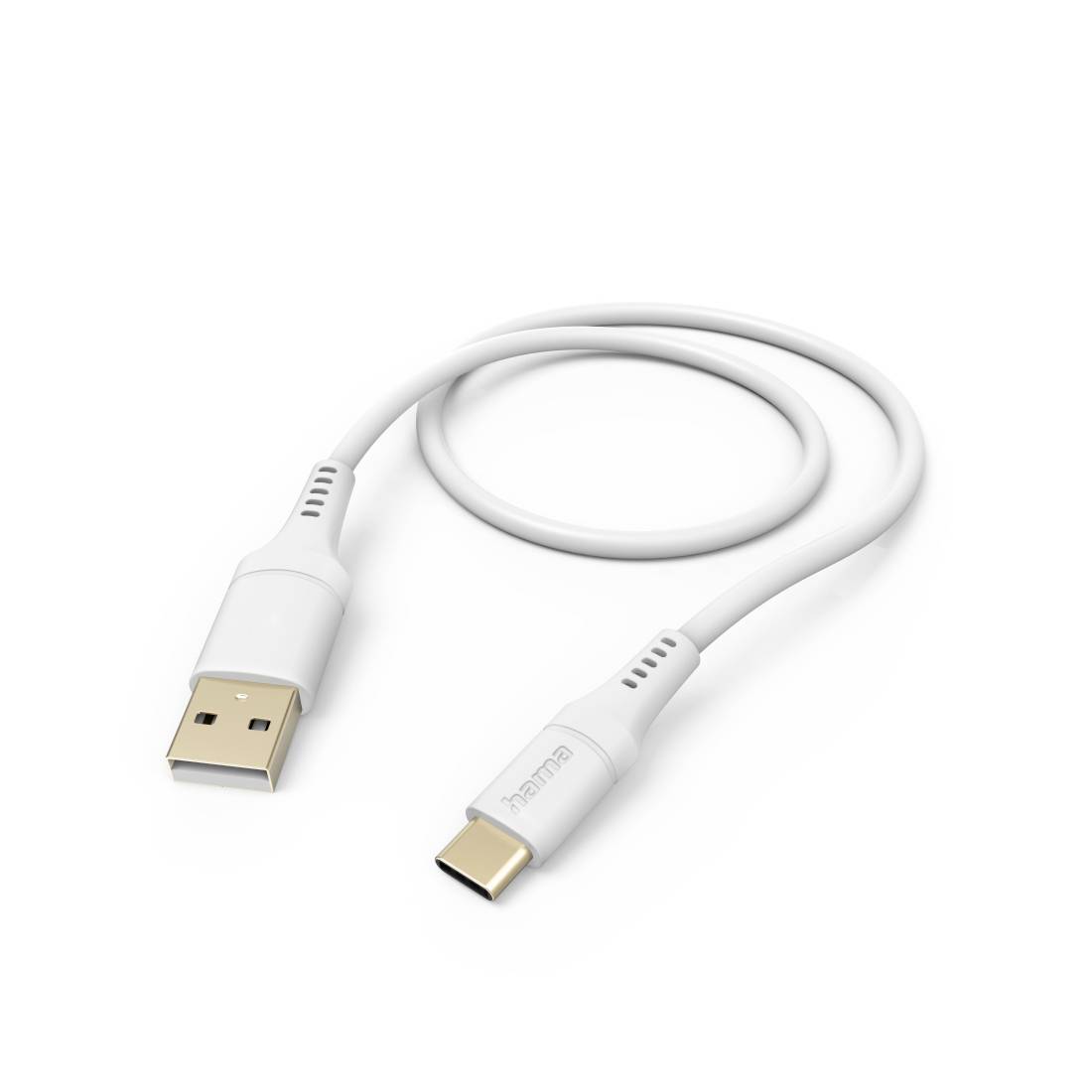Câble de charge USB-A vers USB-C blanc sur un fond uni, enroulé avec les deux connecteurs visibles.