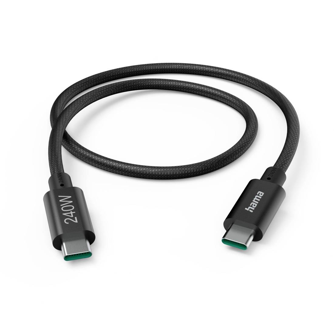 Schwarz geflochtenes USB-C-Ladekabel mit der Aufschrift „240W