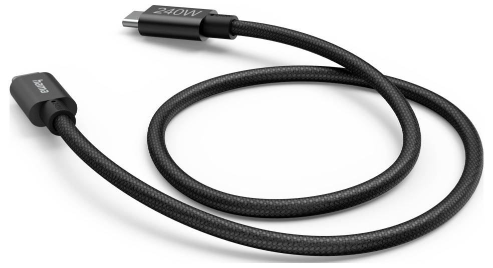 Schwarzes geflochtenes USB-C-Ladekabel mit abgewinkelten Anschlüssen, an einem Ende mit „240W