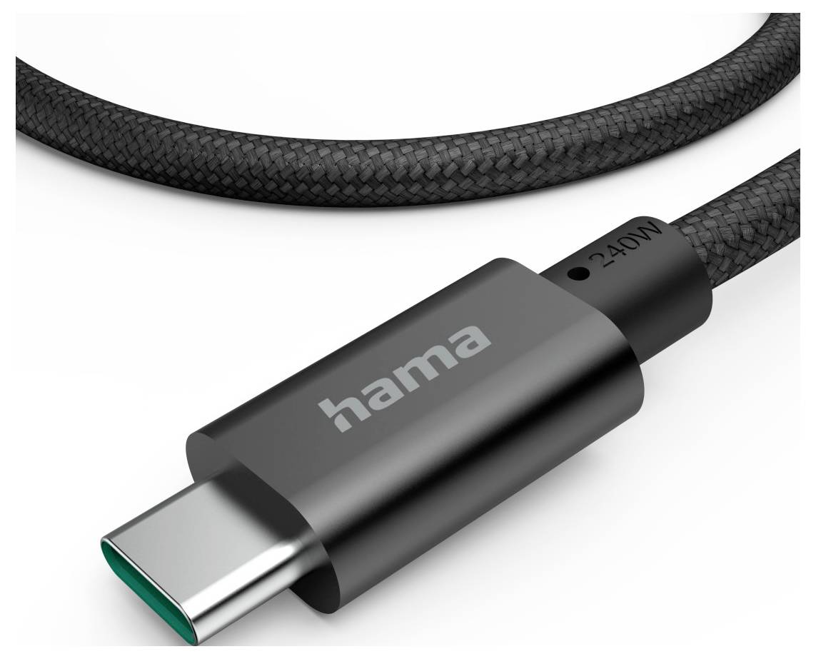 Close-up of a Hama USB-C cable connector with braided black cable on a white background.