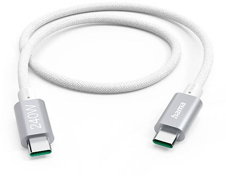 Weißes USB-C-Ladekabel mit silbernen Steckern, beschriftet mit „240W