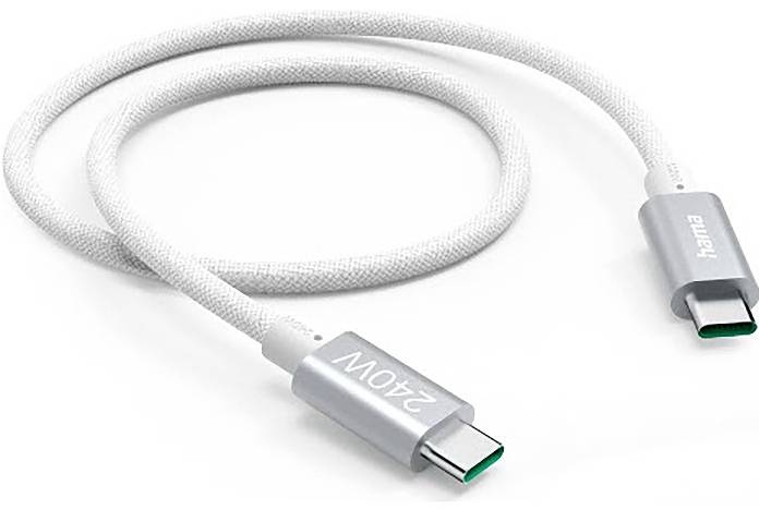 Weiß-schwarzes USB-C-Ladekabel mit silbernen Anschlüssen, einer mit „240W
