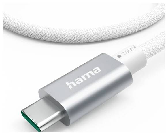 Silver USB-C charging cable with braided white cord and Hama connector labeled 240W on a white background