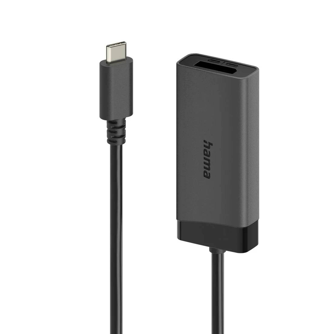 Câble adaptateur USB-C avec un petit dongle de marque Hama et une prise USB-C sur un fond blanc uni.