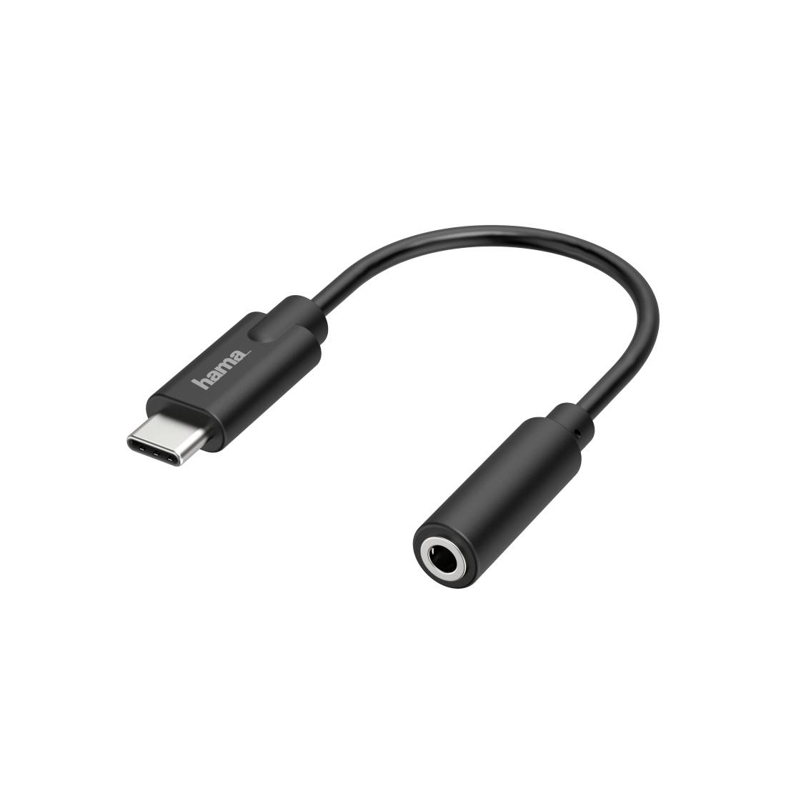 Câble adaptateur audio USB-C vers 3,5 mm noir avec connecteur prise USB-C mâle et connecteur jack casque femelle.