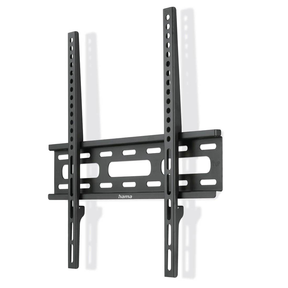 Support mural réglable pour téléviseur noir avec deux rails verticaux et une plaque horizontale, présenté sur un fond blanc.
