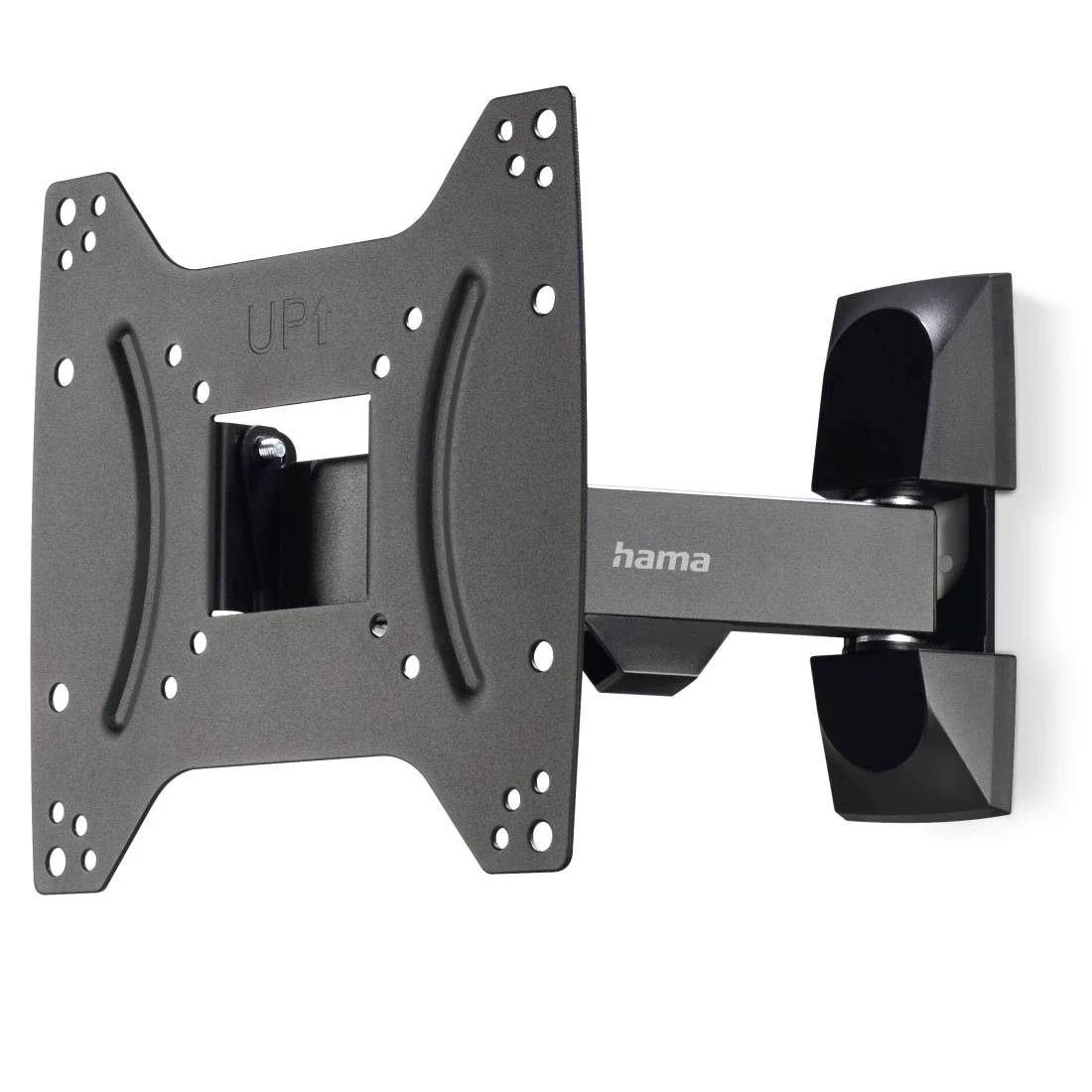 Support mural articulé Hama noir pour téléviseur écran plat, montrant l'extension avec platine VESA et joint d'inclinaison.
