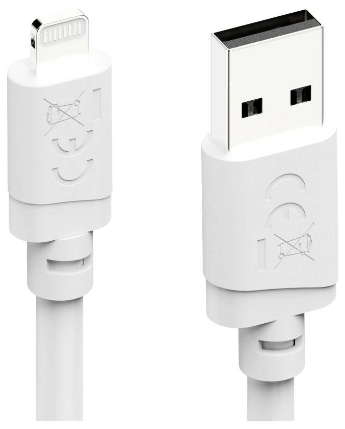 Câble de recharge USB blanc avec connecteur Lightning d'un côté et USB-A de l'autre, présenté sur un fond uni.