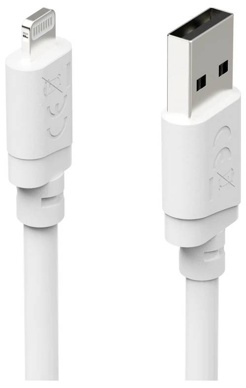 Câble de charge USB blanc montré avec deux extrémités de connecteur : Lightning à gauche et USB-A à droite.
